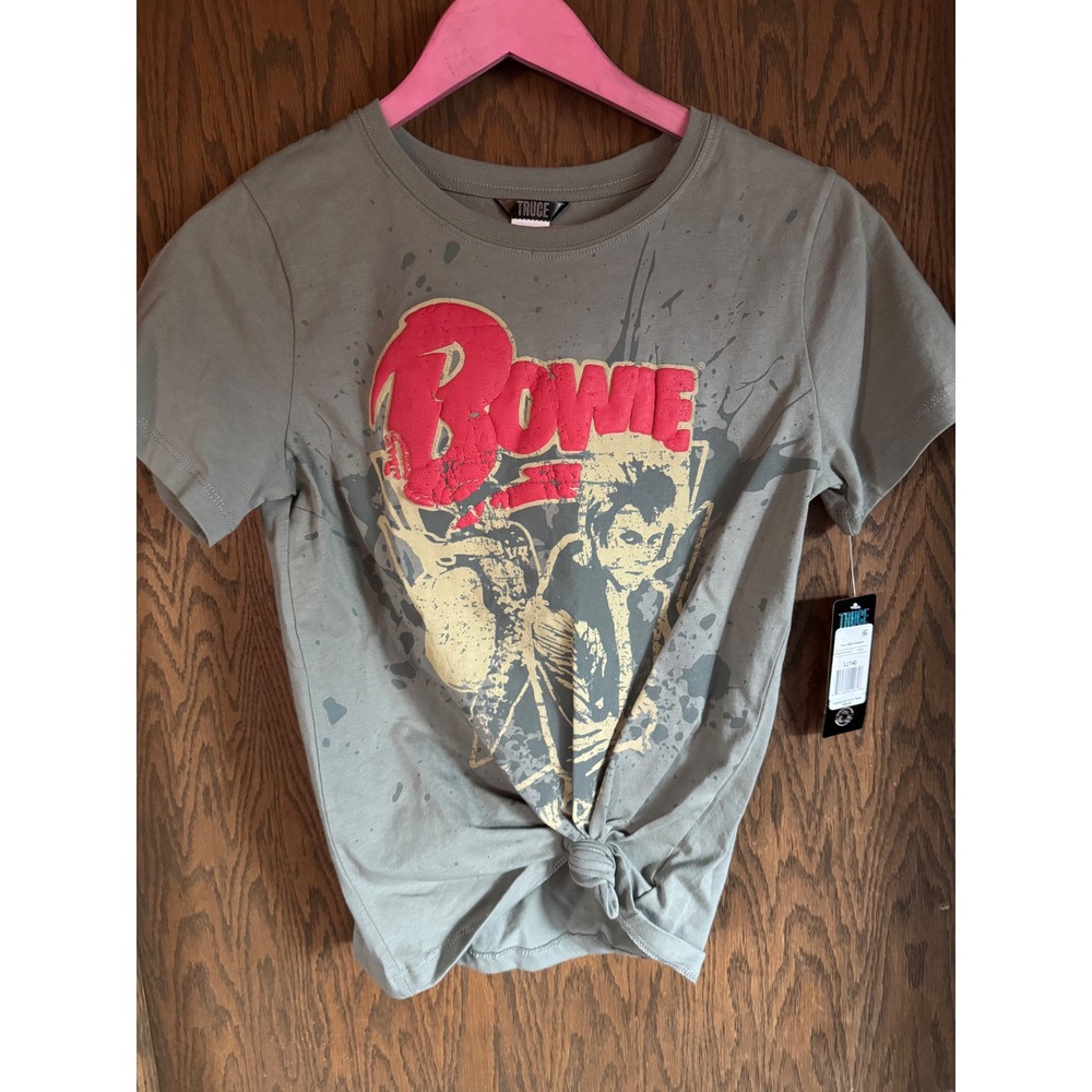 Truce David Bowie Graphic‎ Tee Shirt Olive Green Tie Front Size L 14